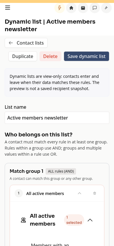 The dynamic contact-list page on a phone