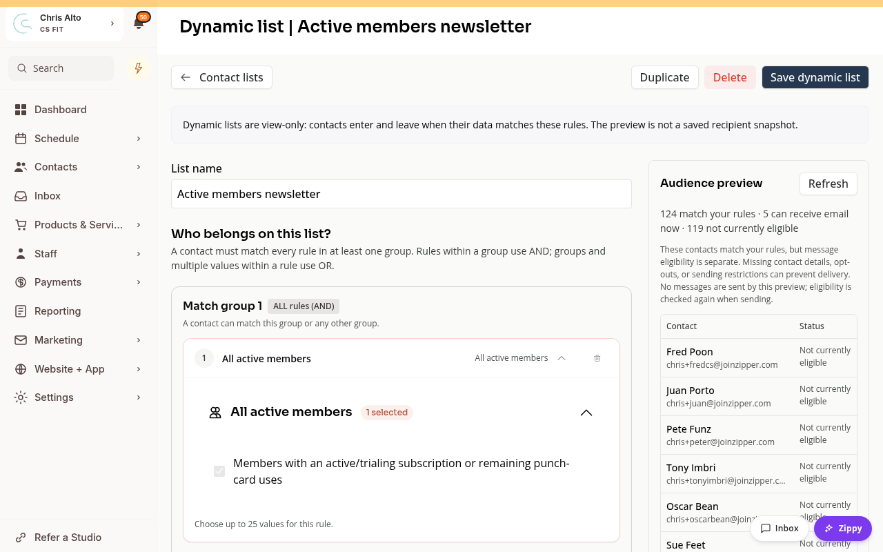A saved dynamic list with an All active members rule and an audience preview