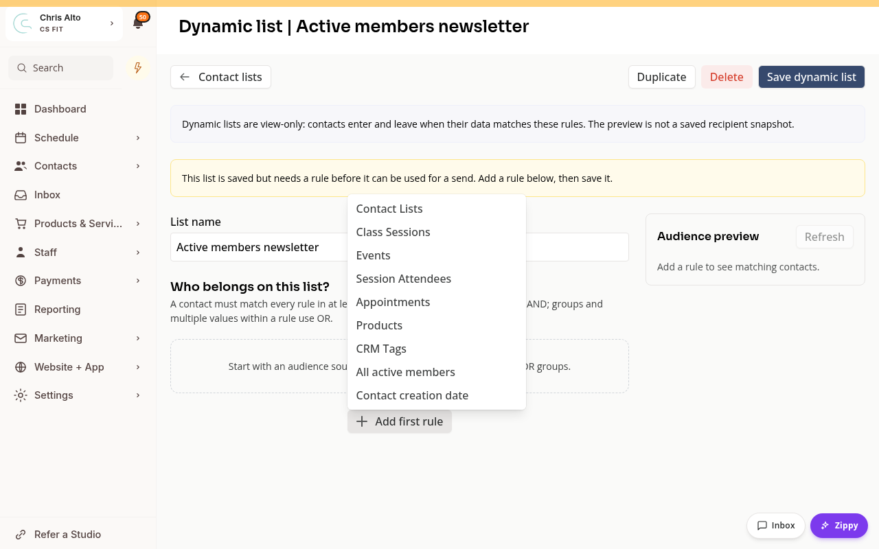 The Add first rule menu with audience sources