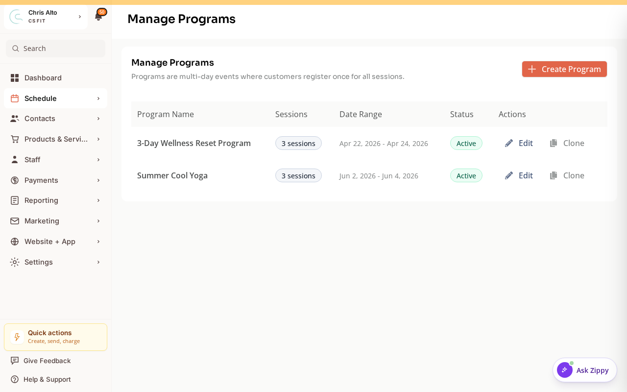 The Programs page listing existing programs, with a New program button