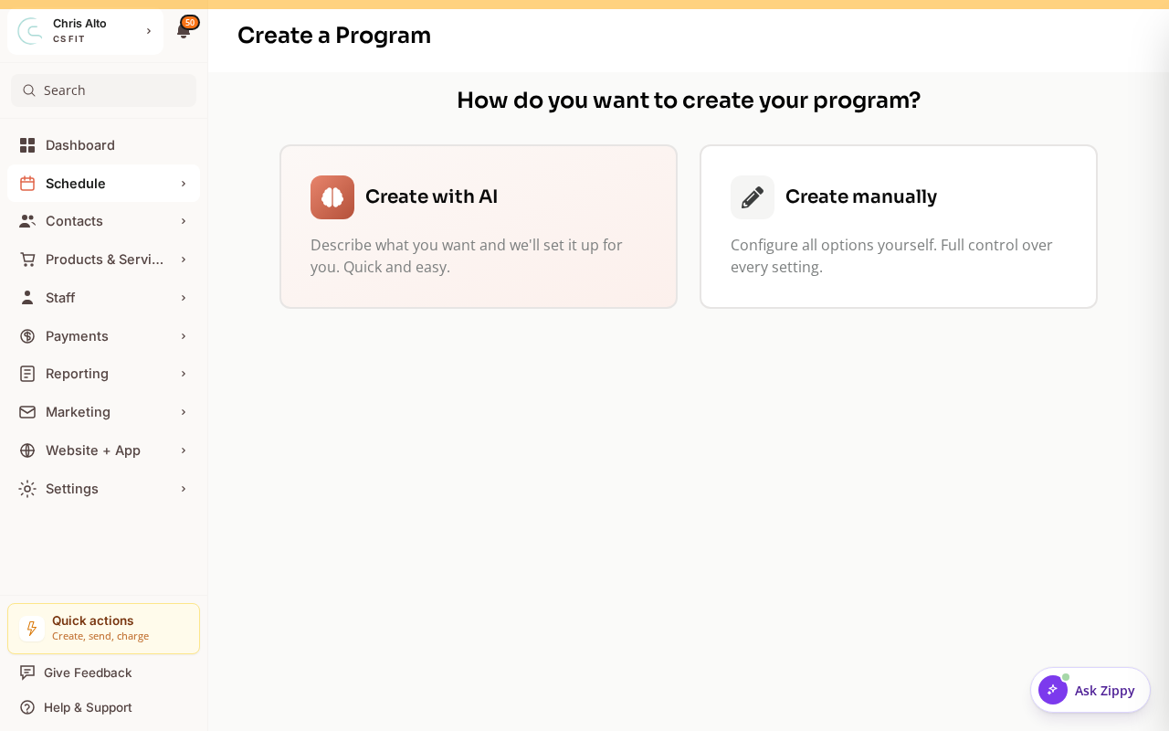 The New program wizard, where you can describe the program for AI to pre-fill or enter details manually