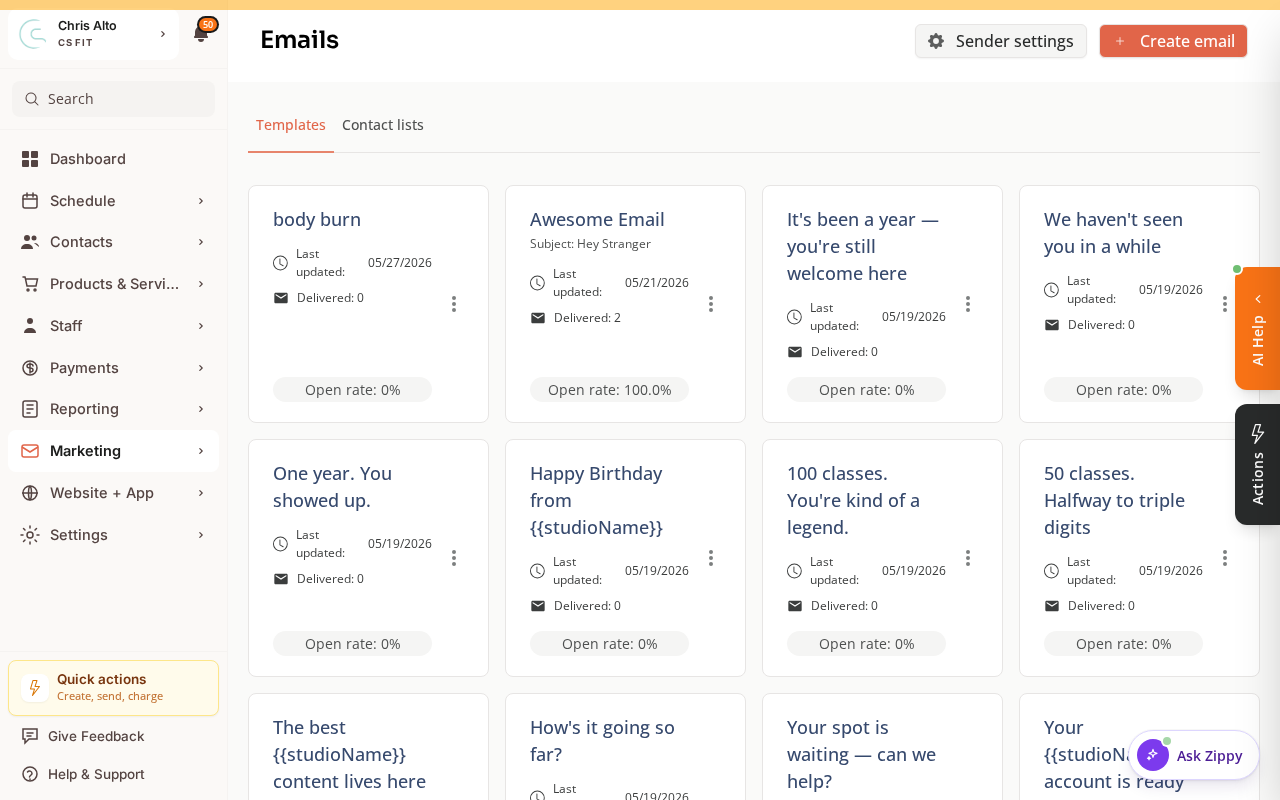 The Emails page with a Create email button