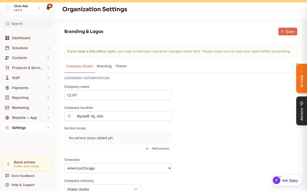 The Company details tab of Organization Settings with the Company name field