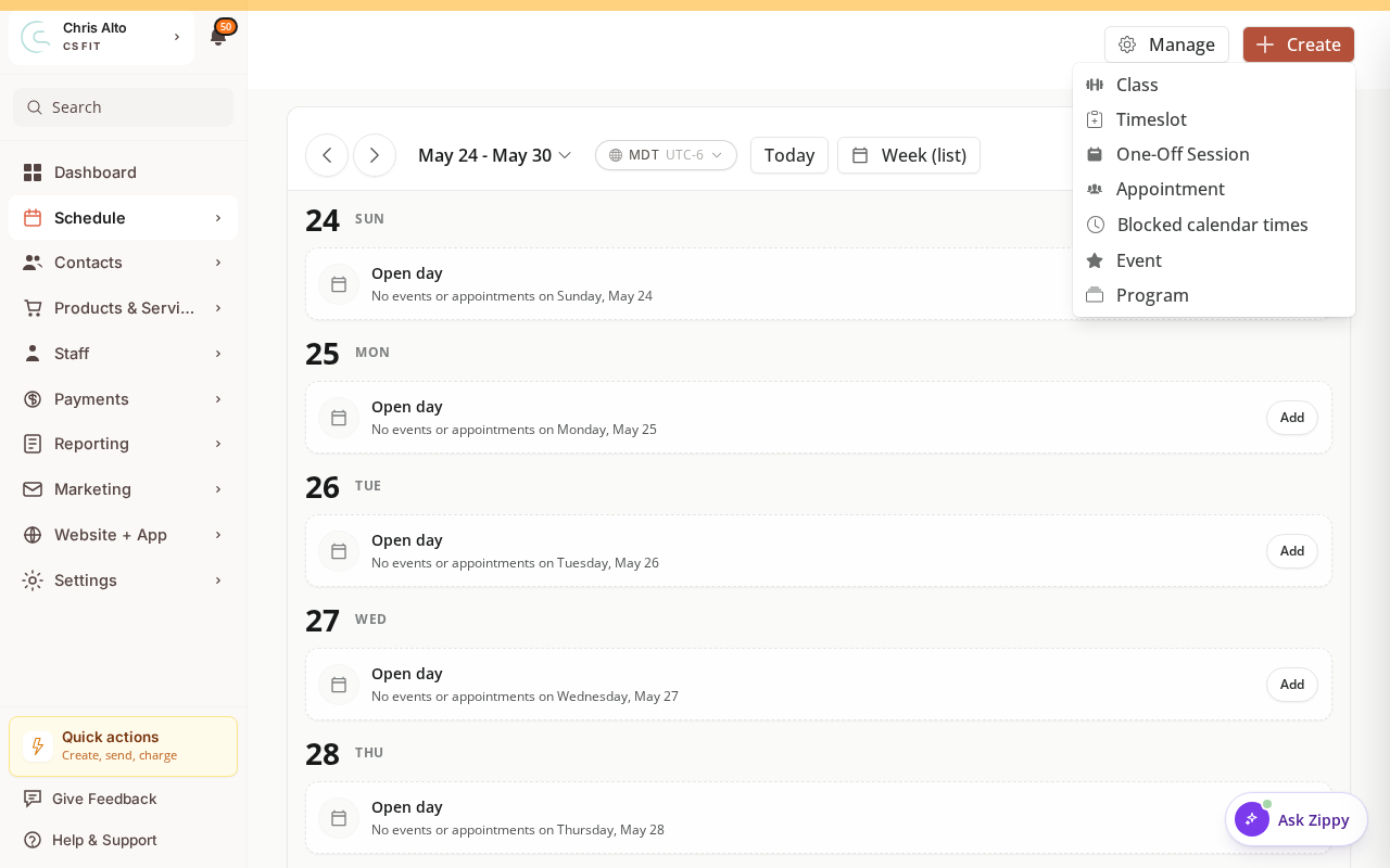 The calendar Create menu with Timeslot, One-Off Session, Appointment, Event, and Program options