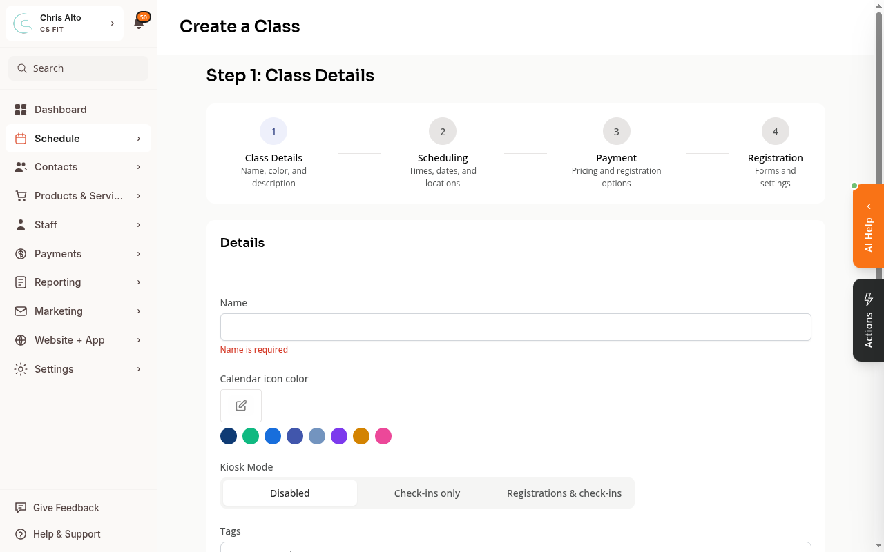 Class creation wizard at Step 1 — basic name and details form