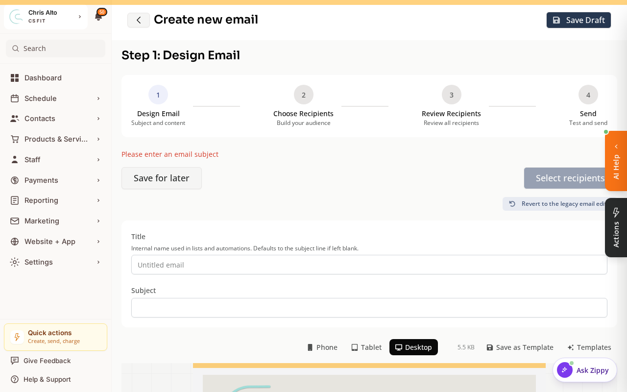 The Create new email wizard showing the four steps, with Design Email selected