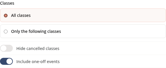 Classes settings, including Hide cancelled classes and Include one-off events