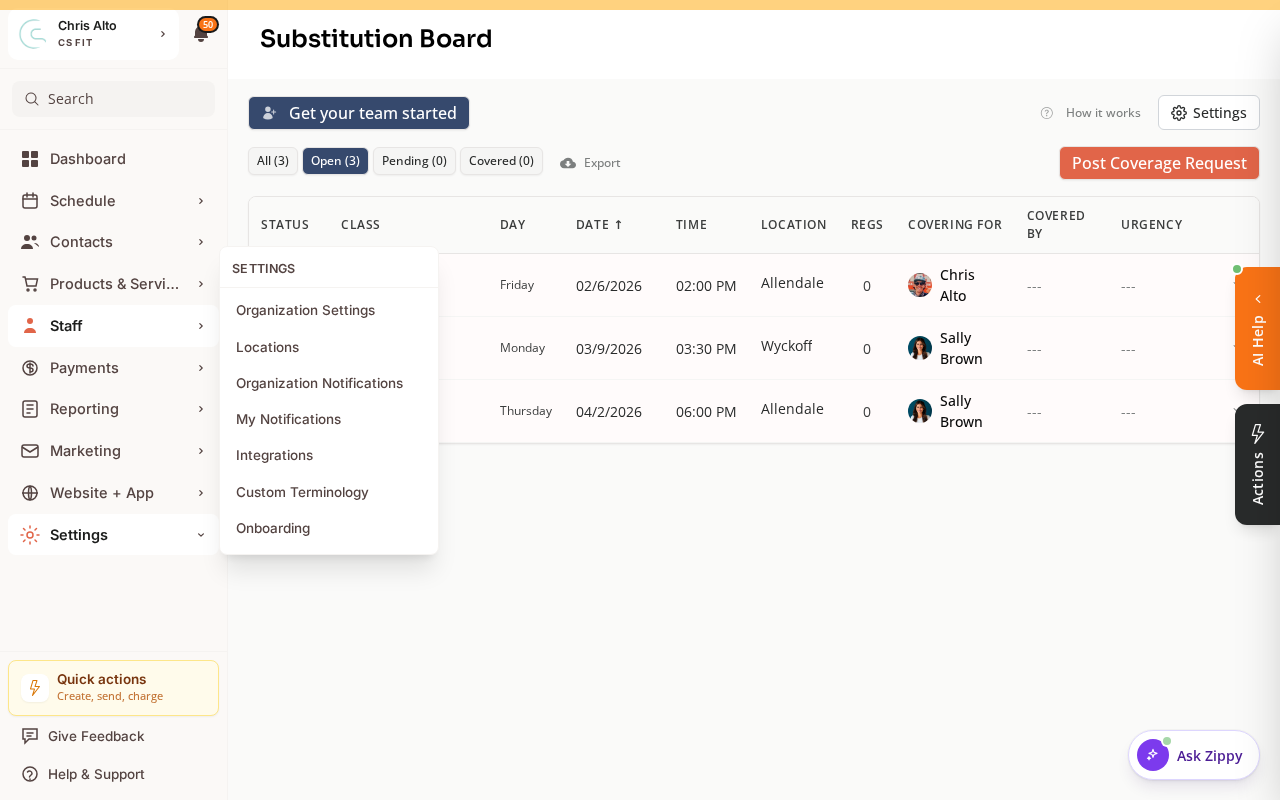 The Substitution board settings, where you enable the board and approval options