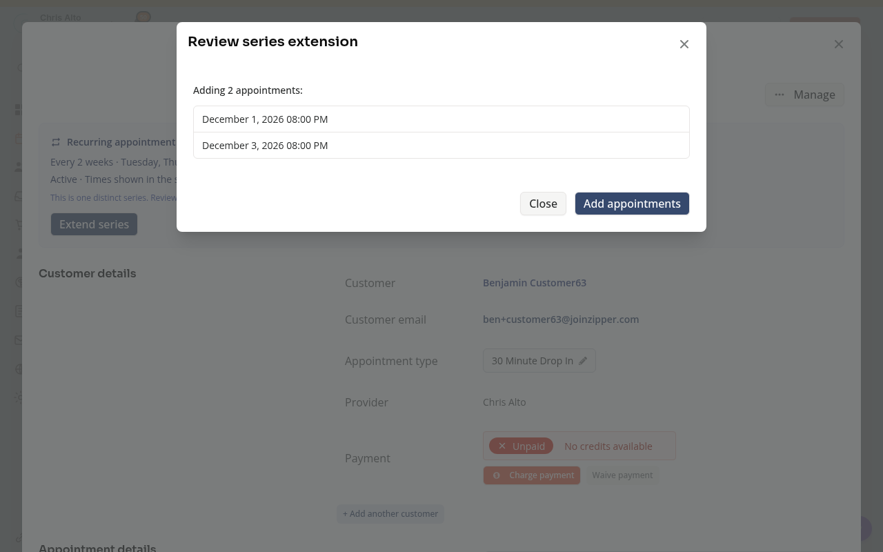 The extension review before Add appointments