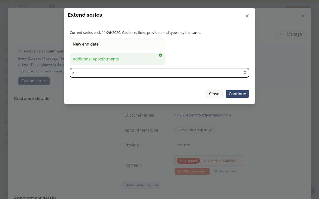 The Extend series dialog with Additional appointments selected
