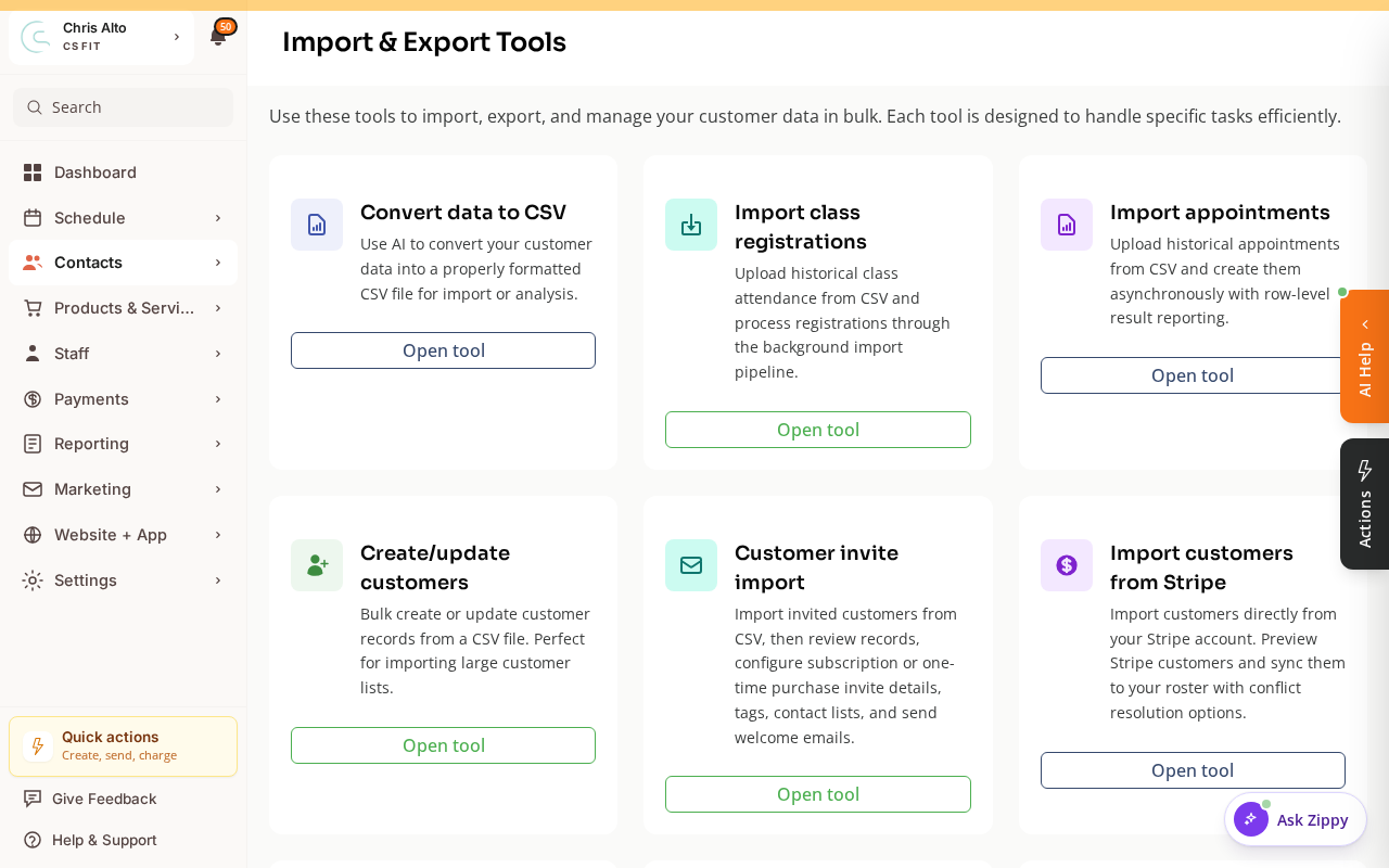 The Import & Export Tools page with Convert data to CSV, Import class registrations, Create/update customers, Customer invite import, and Import customers from Stripe