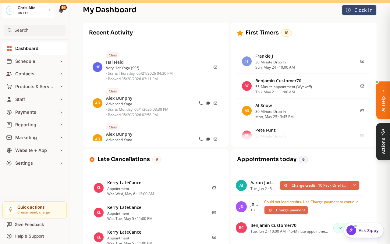 The Zipper dashboard with the First Timers card in the top right, listing upcoming first-time customers with their service and booking time
