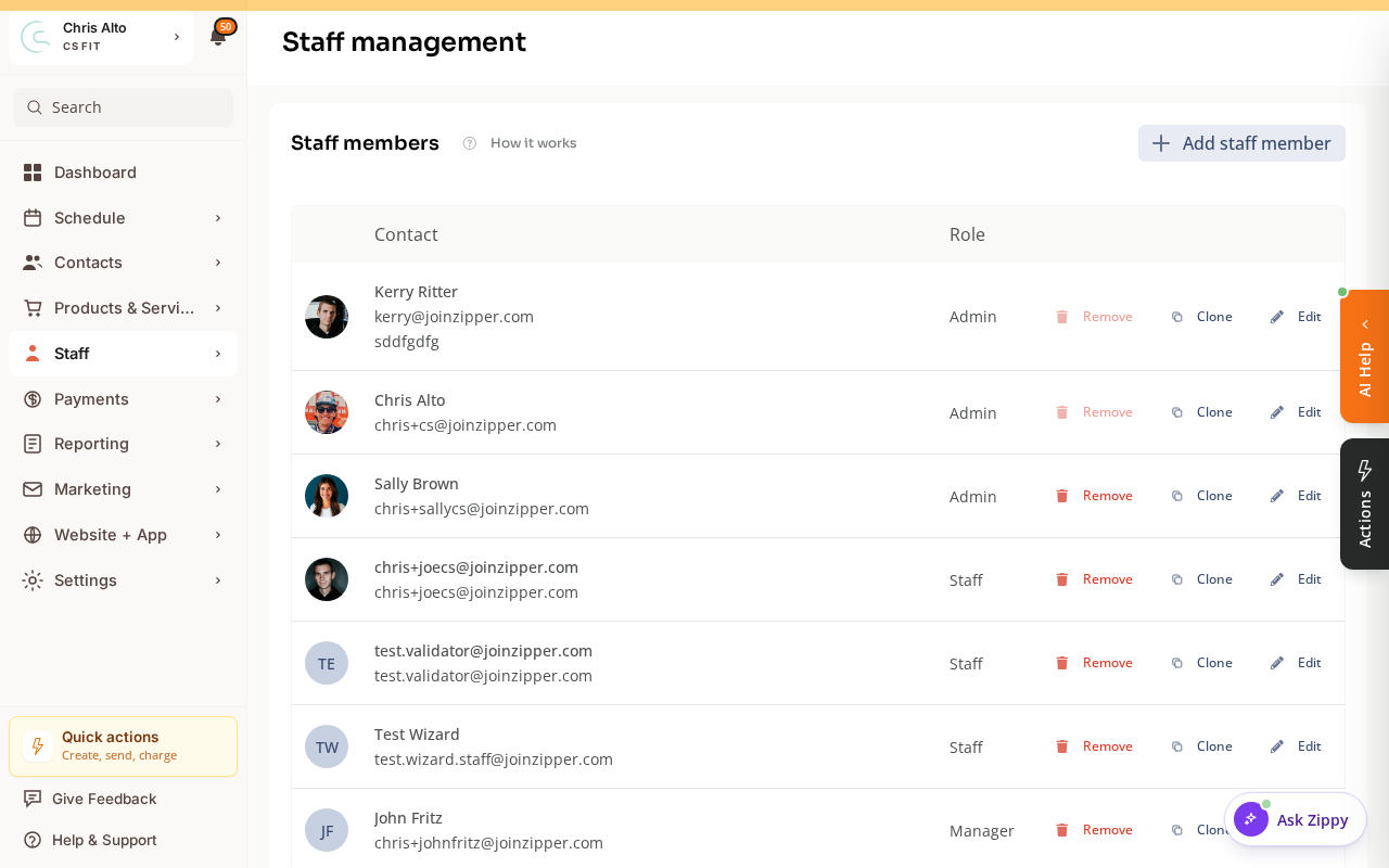 A staff member's profile with role and permission settings