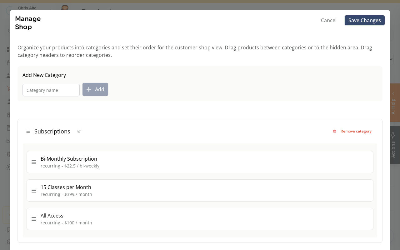 The Manage Shop window with products grouped into categories, an add-category field, and a Save Changes button