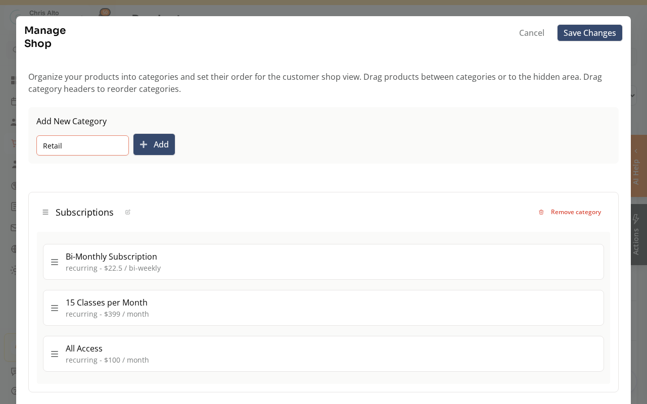Typing a new category name into the add-category field of the Manage Shop window
