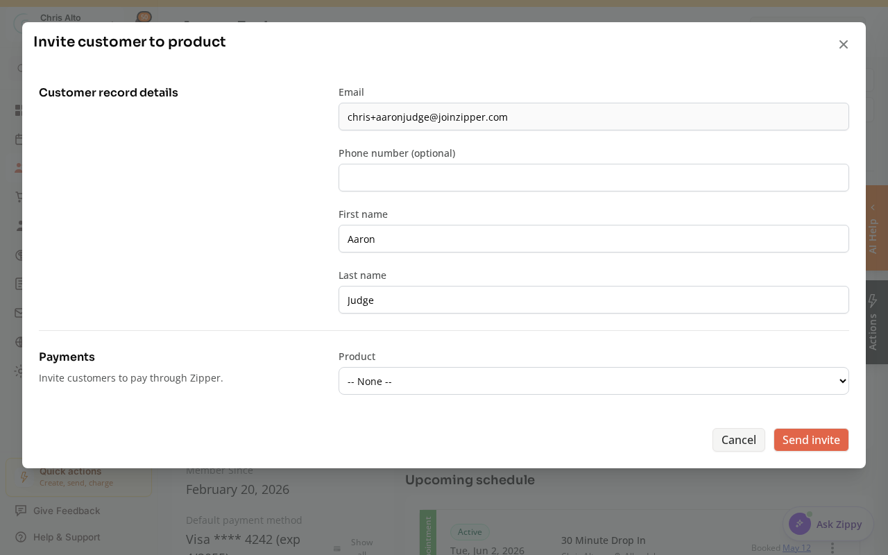 The Invite customer to product window with customer details and a Product dropdown
