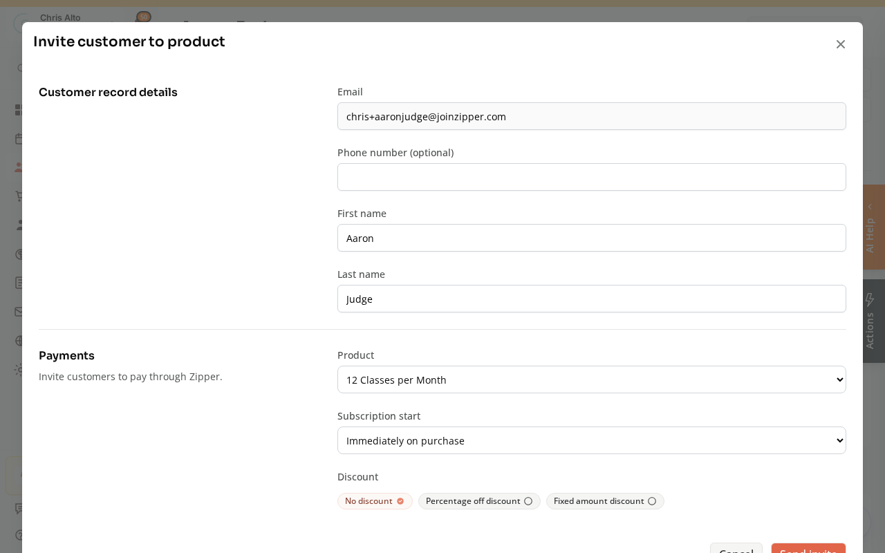 The invite window with a recurring product selected and a Subscription start dropdown
