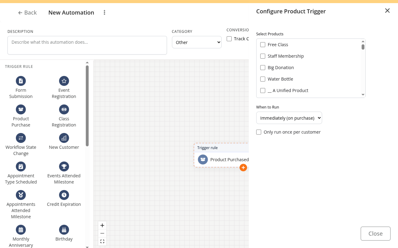 Automation builder showing Product Purchase trigger selected