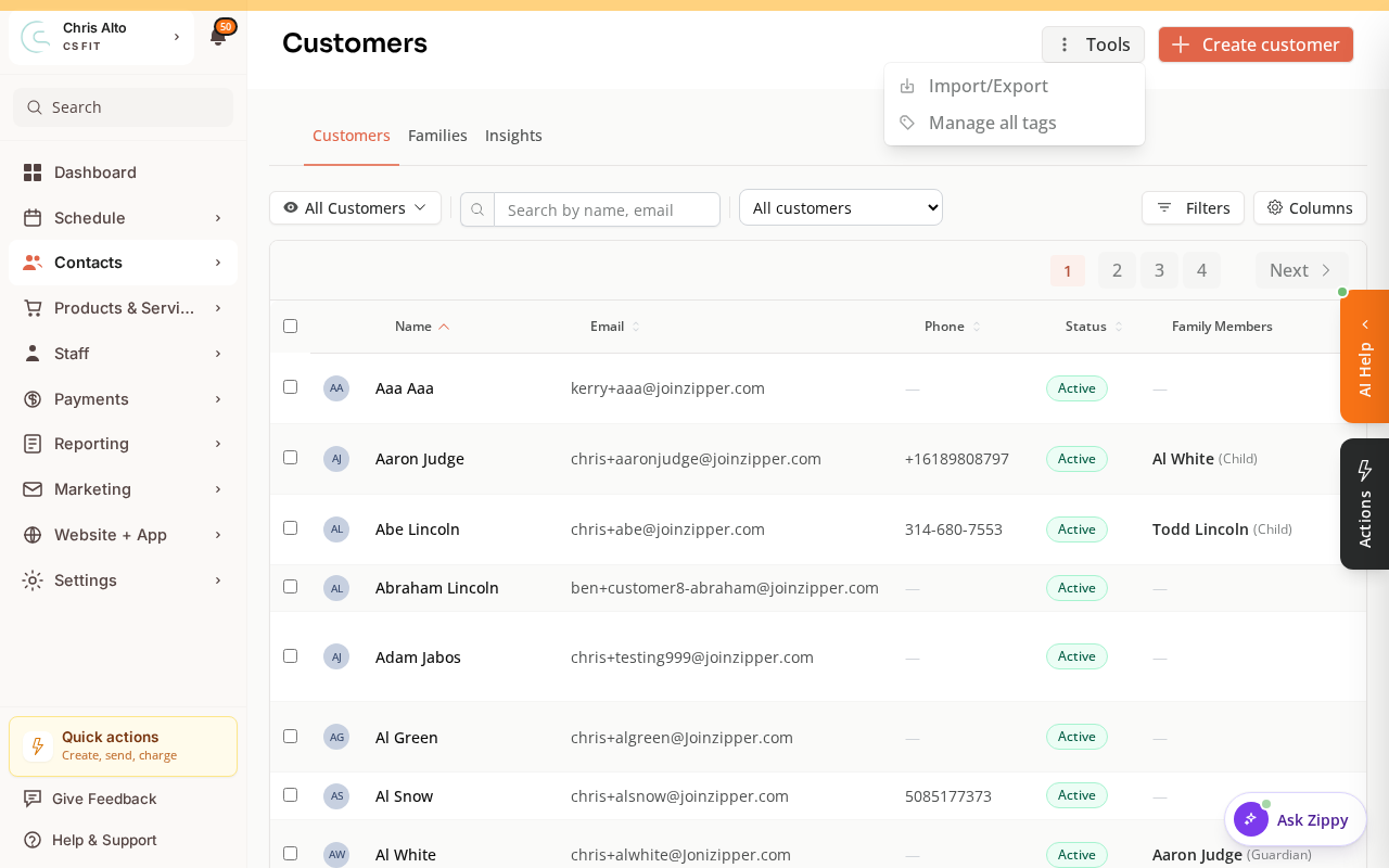 The Tools menu open above the customer table, showing Import/Export and Manage all tags