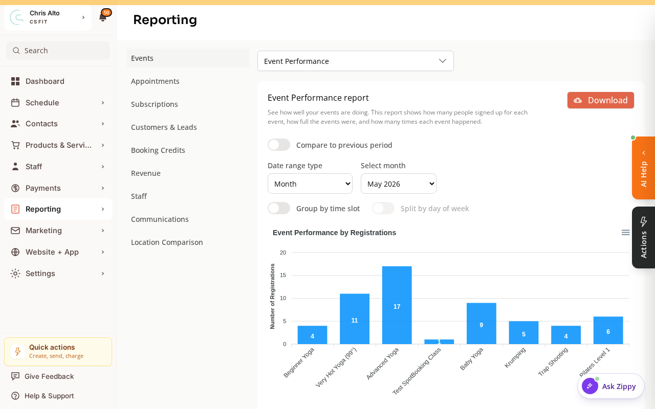 The Reporting page in Zipper with the report category and report selector