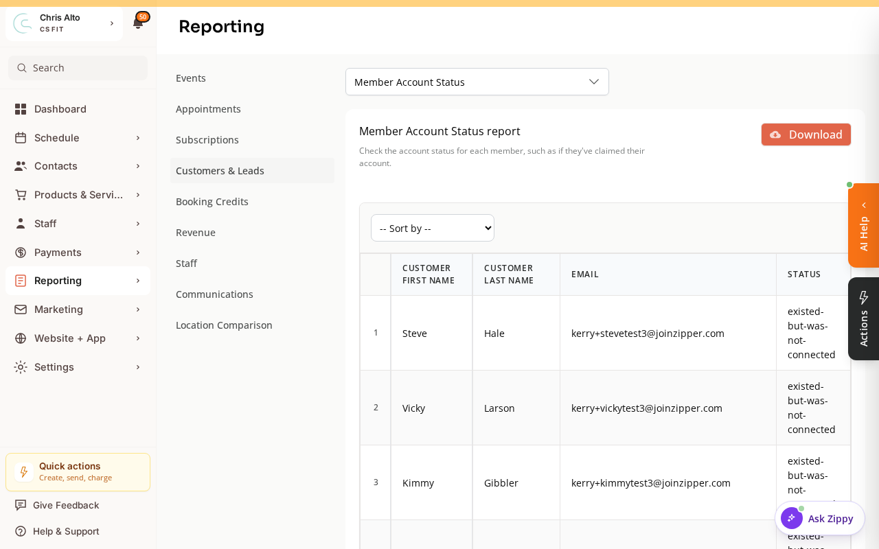 The Member Account Status report selected, showing account claim status for each member