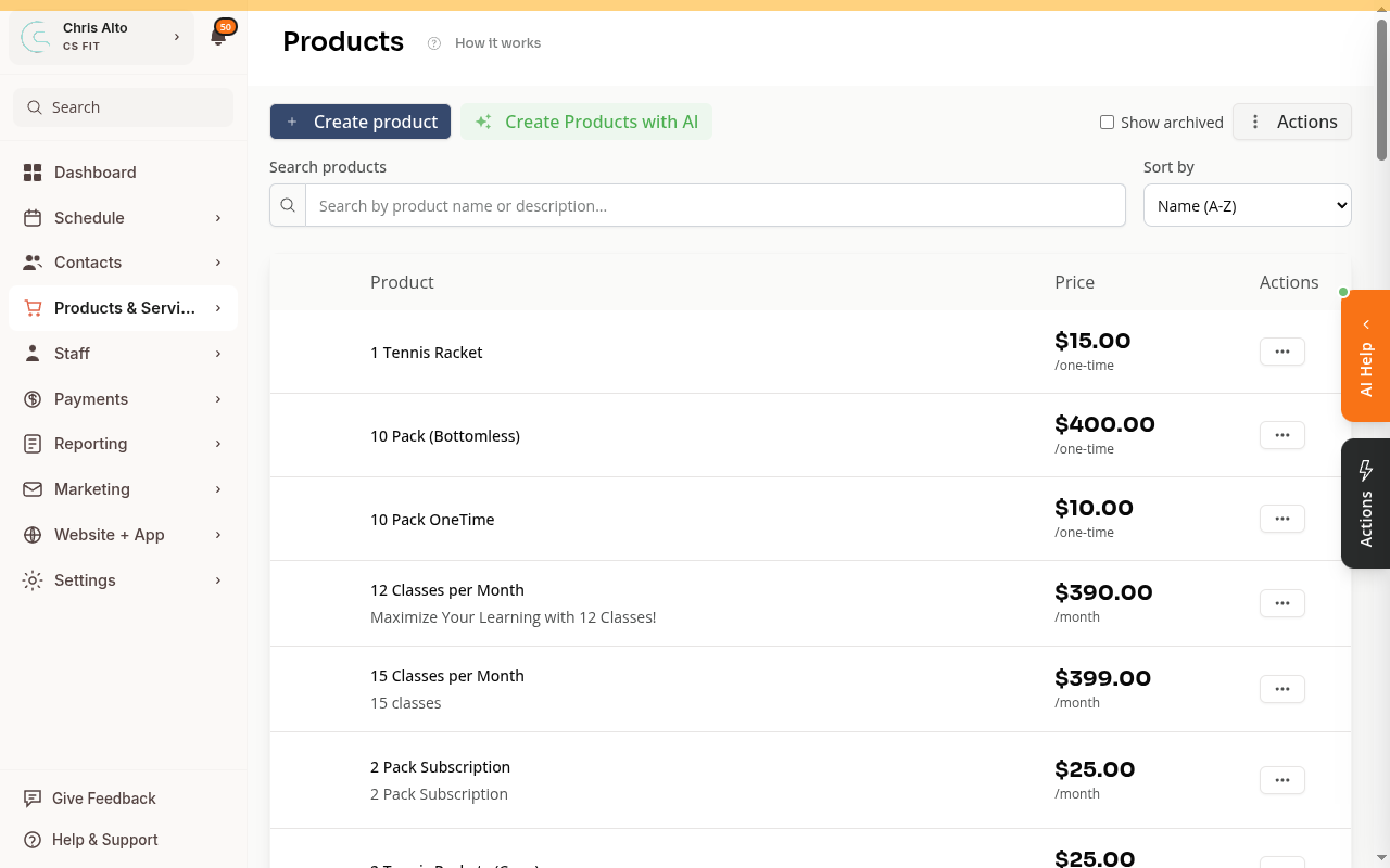 The Products & Services page showing a list of subscription and package products