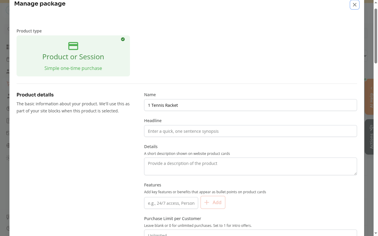 The top of the product edit form showing the product name and basic settings