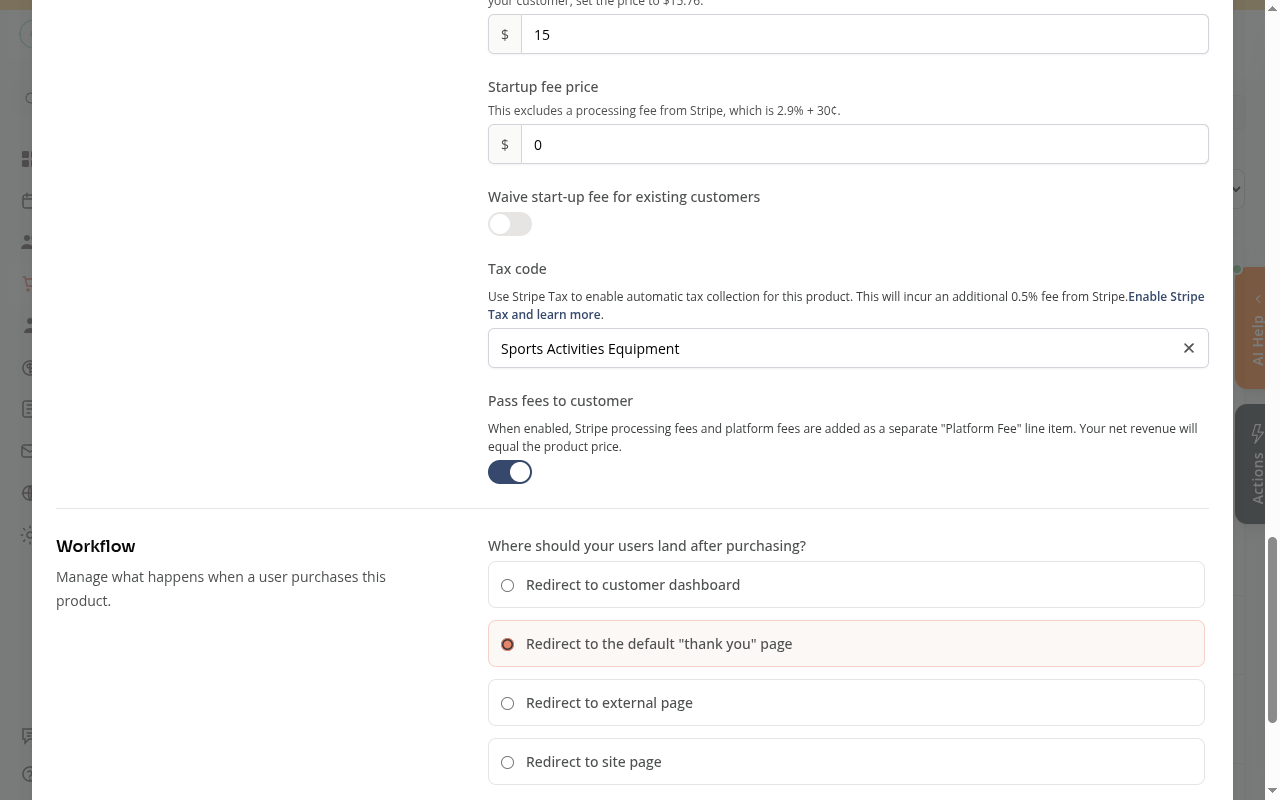 The Pass fees to customer toggle turned on (blue)