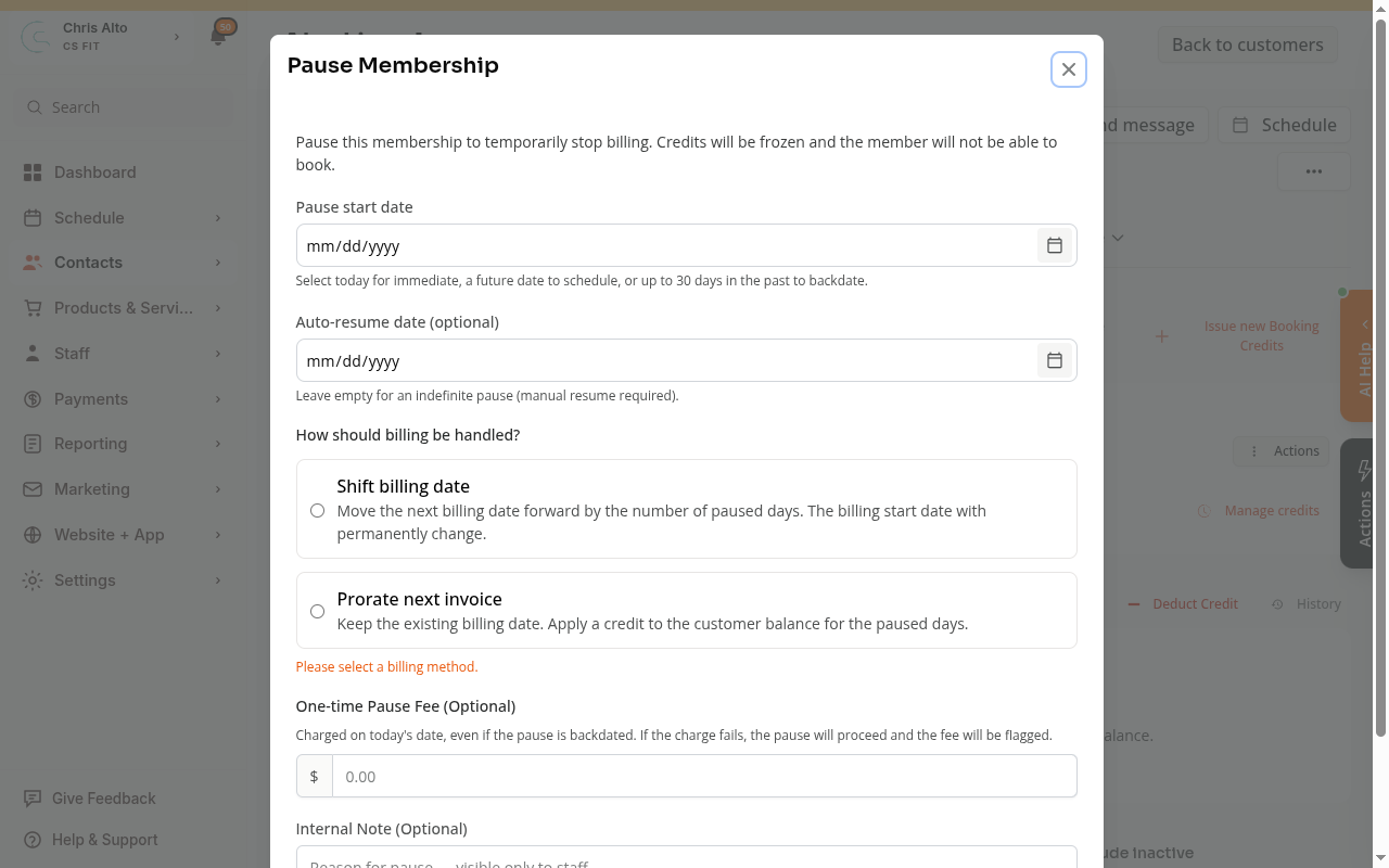 Pause Membership modal showing pause start date, auto-resume, and billing options