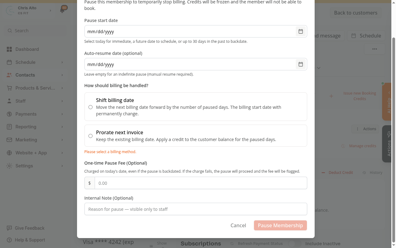 Pause modal showing Shift billing date and Prorate next invoice radio button options