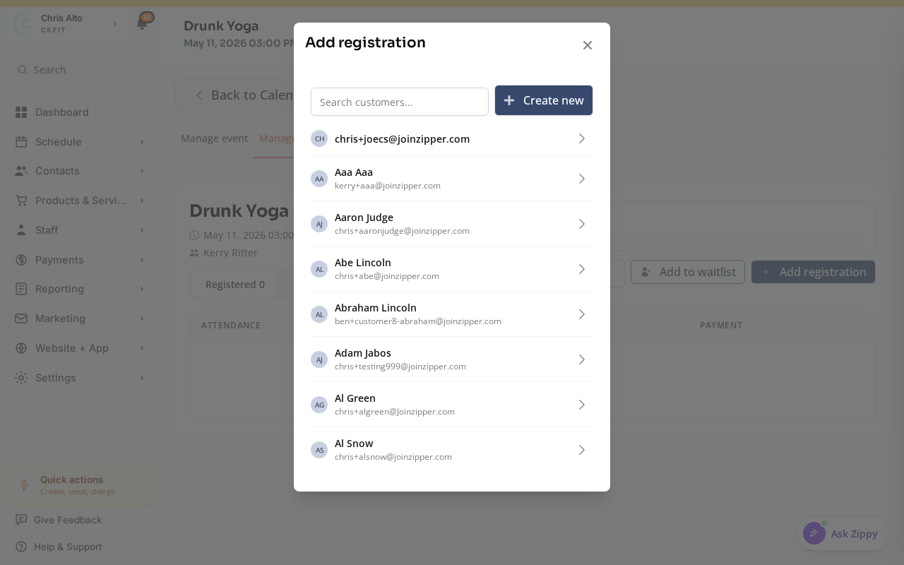 The Add registration window with customer search and a Create new button for adding a guest
