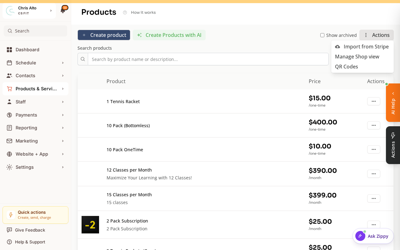 The Products page with the Actions menu open, showing the Manage Shop view option