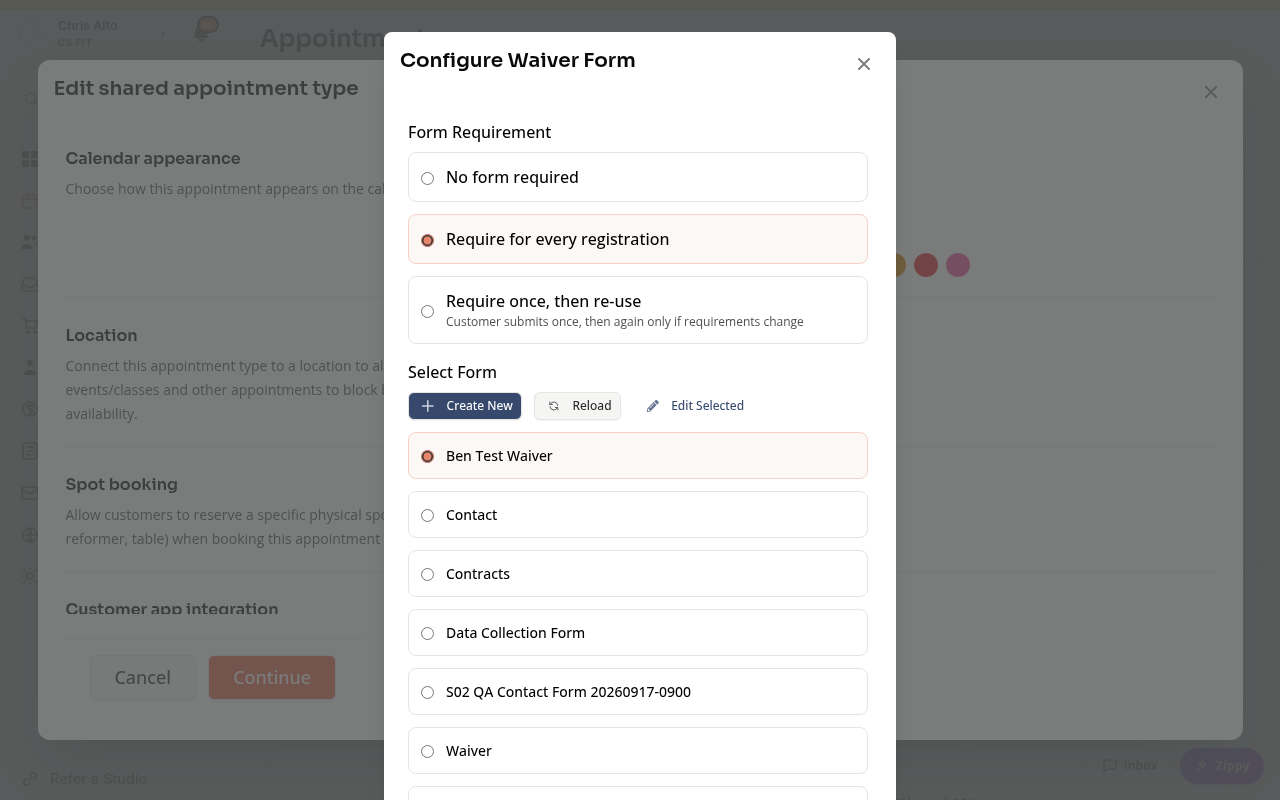 The waiver selector with requirement choices and available forms