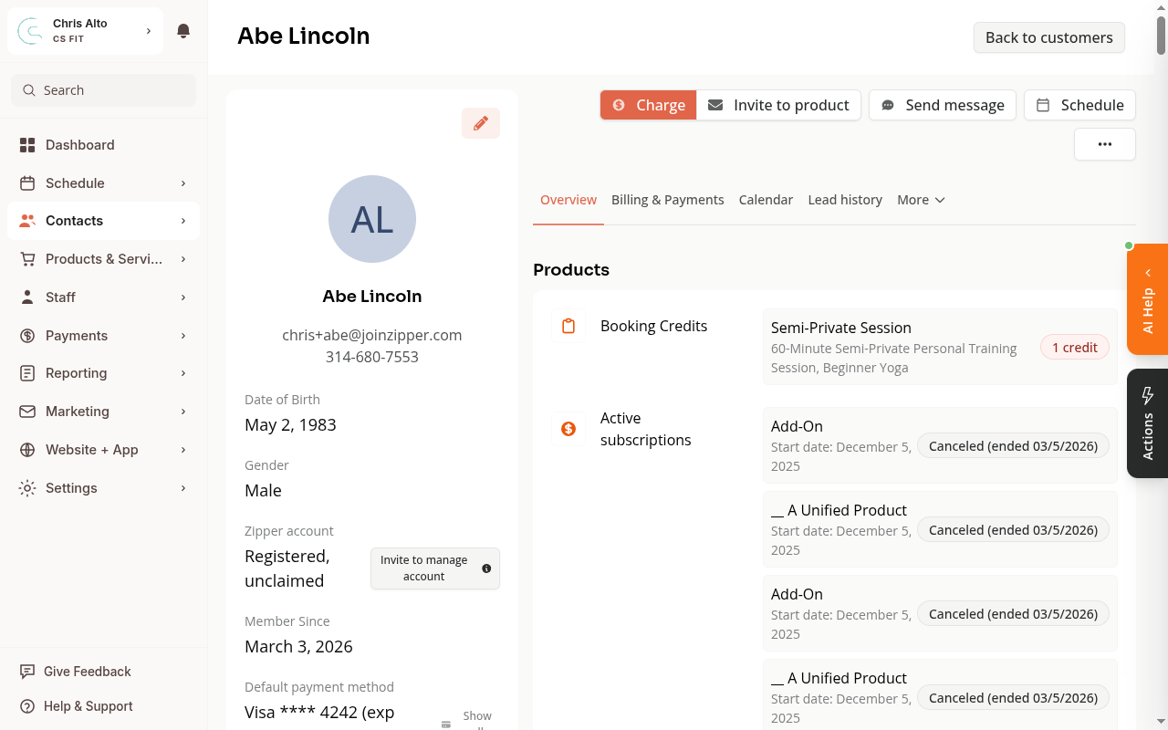 Customer profile in Zipper CRM showing Abe Lincoln's account overview