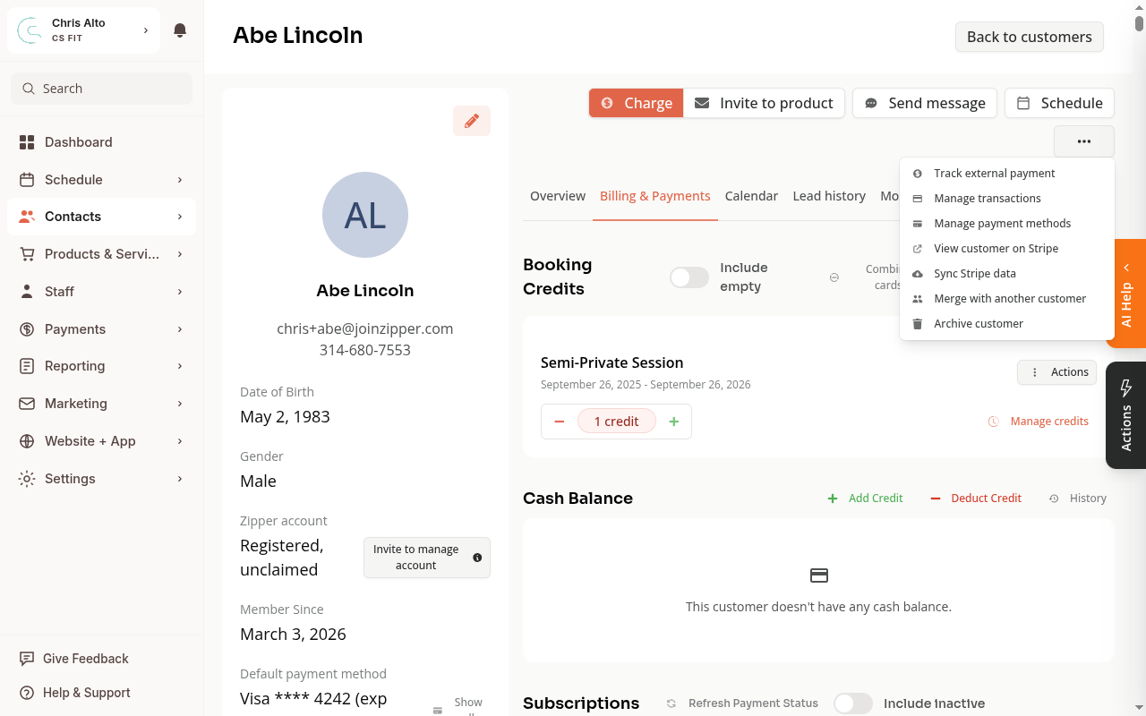 Overflow menu open showing options including View customer on Stripe