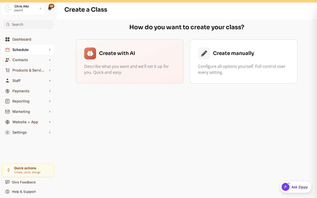 The class creation form