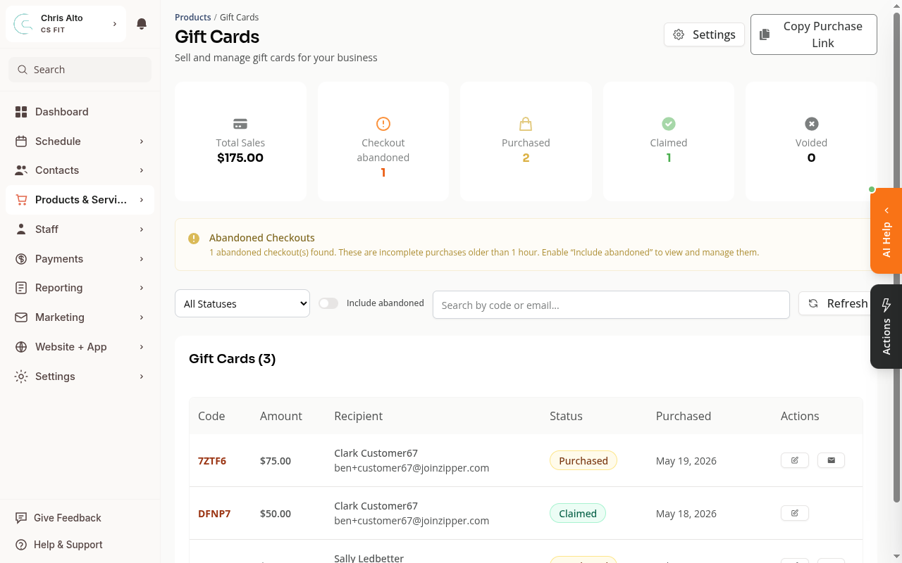 Gift Cards management page showing total sales, purchased, claimed stats and a list of existing gift cards