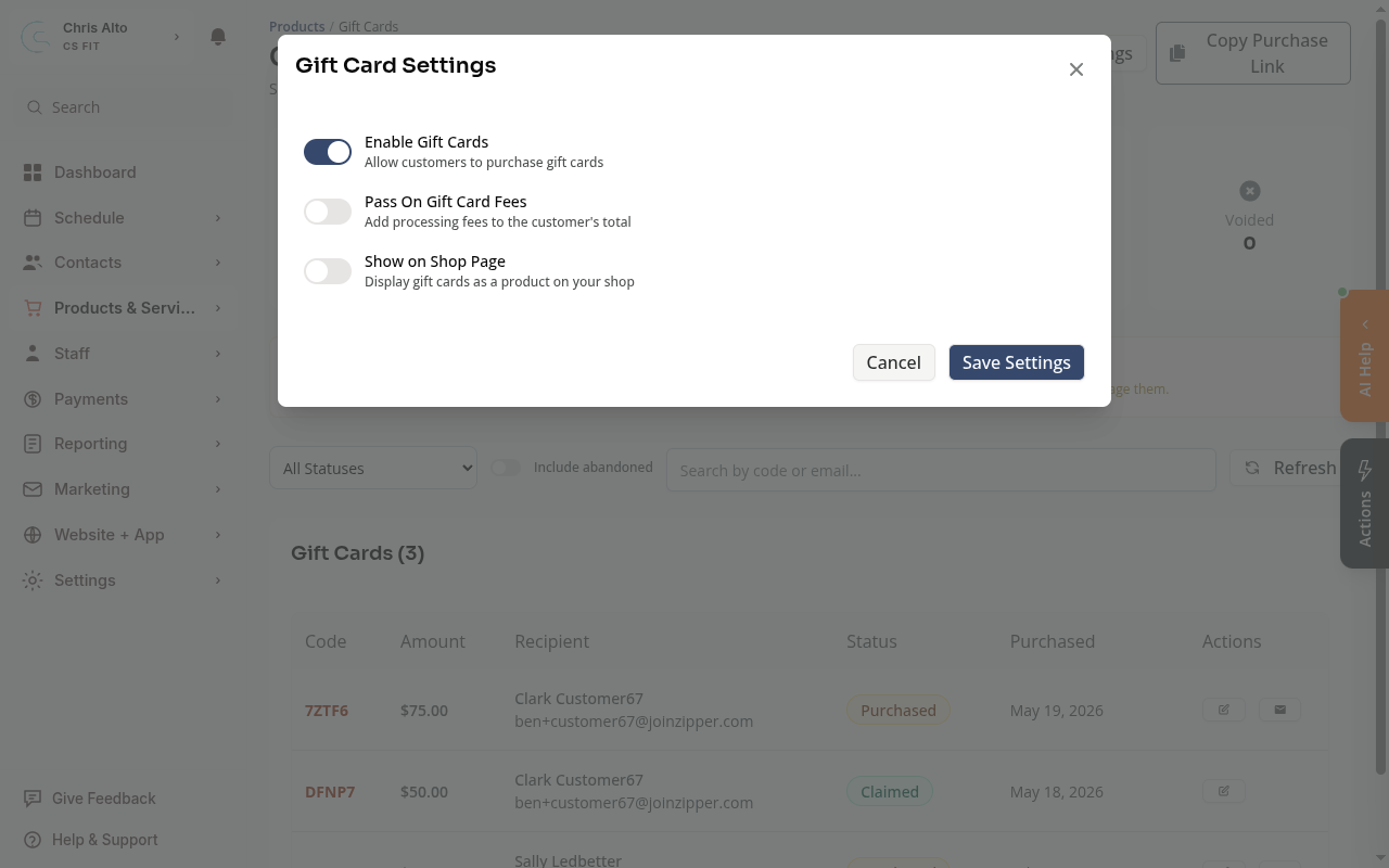 Gift Card Settings dialog showing Enable Gift Cards, Pass On Gift Card Fees, and Show on Shop Page toggles