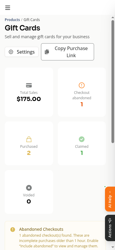 Gift Cards page on mobile showing the purchase link and stats