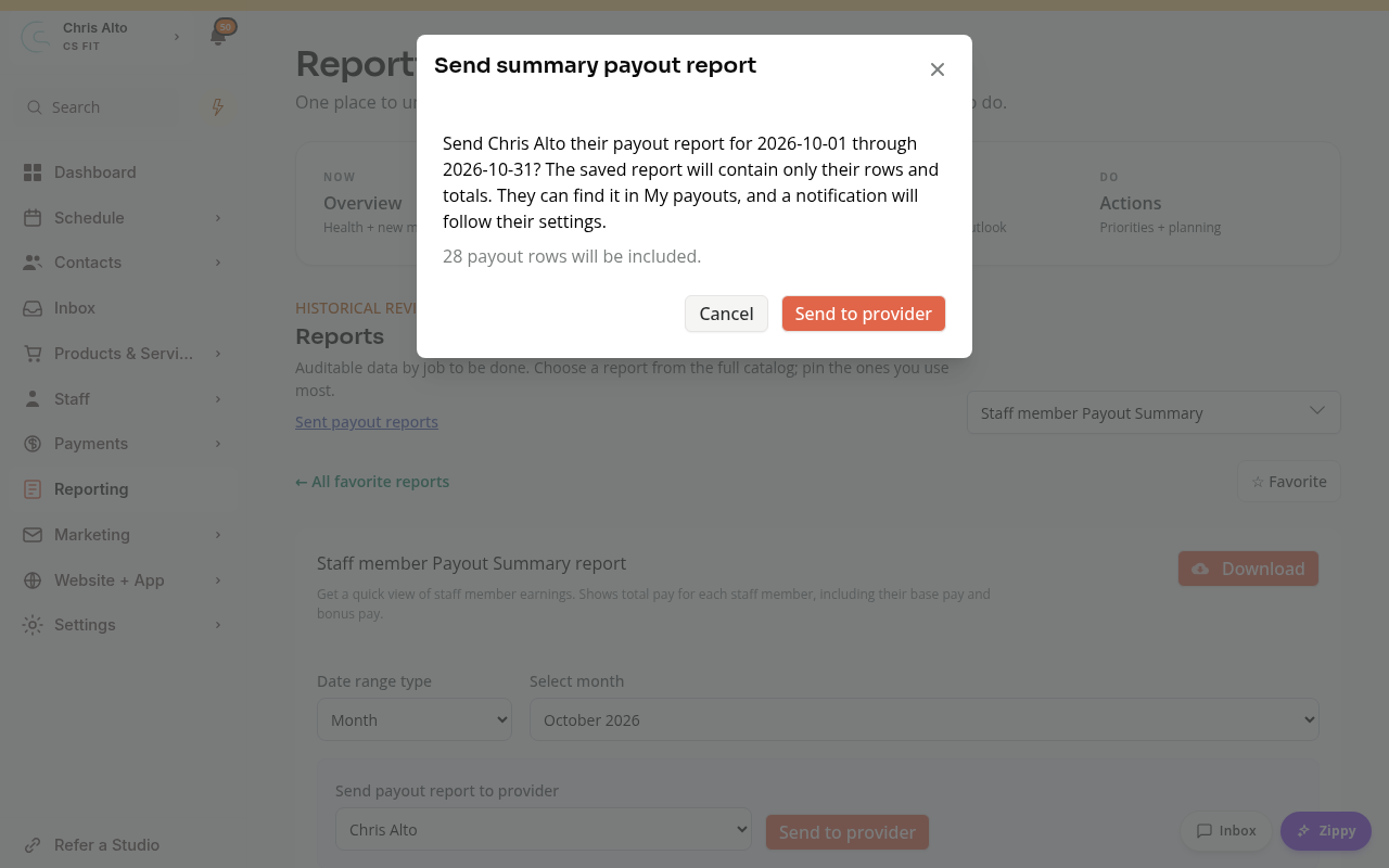 The send confirmation showing the recipient, date range and included row count