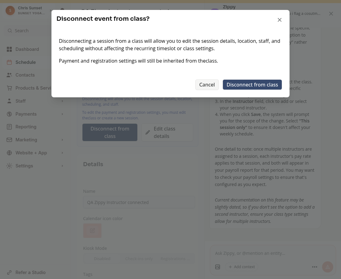The confirmation for disconnecting one dated class occurrence