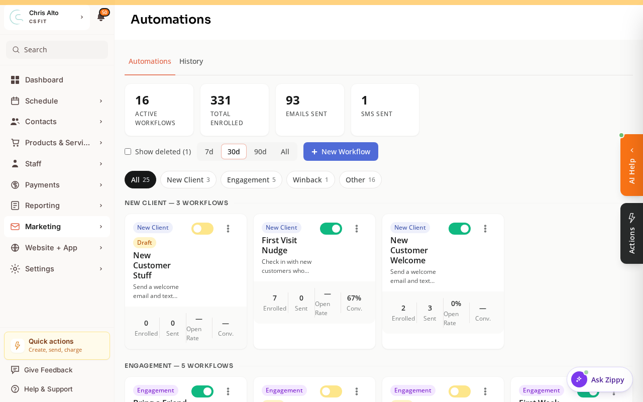 The Automations page listing existing workflows, with a New Workflow button