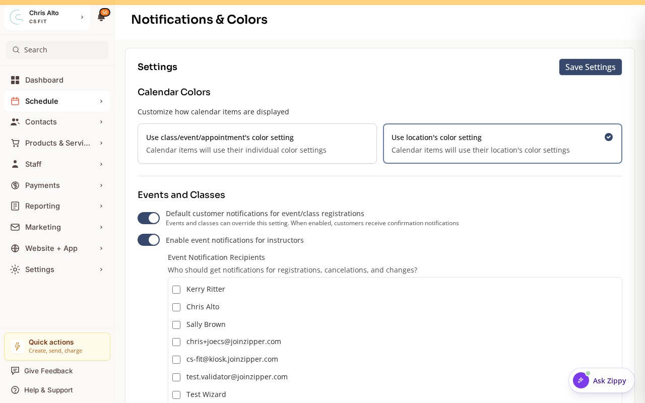 The Notifications & Colors page with default customer notification toggles for events and classes