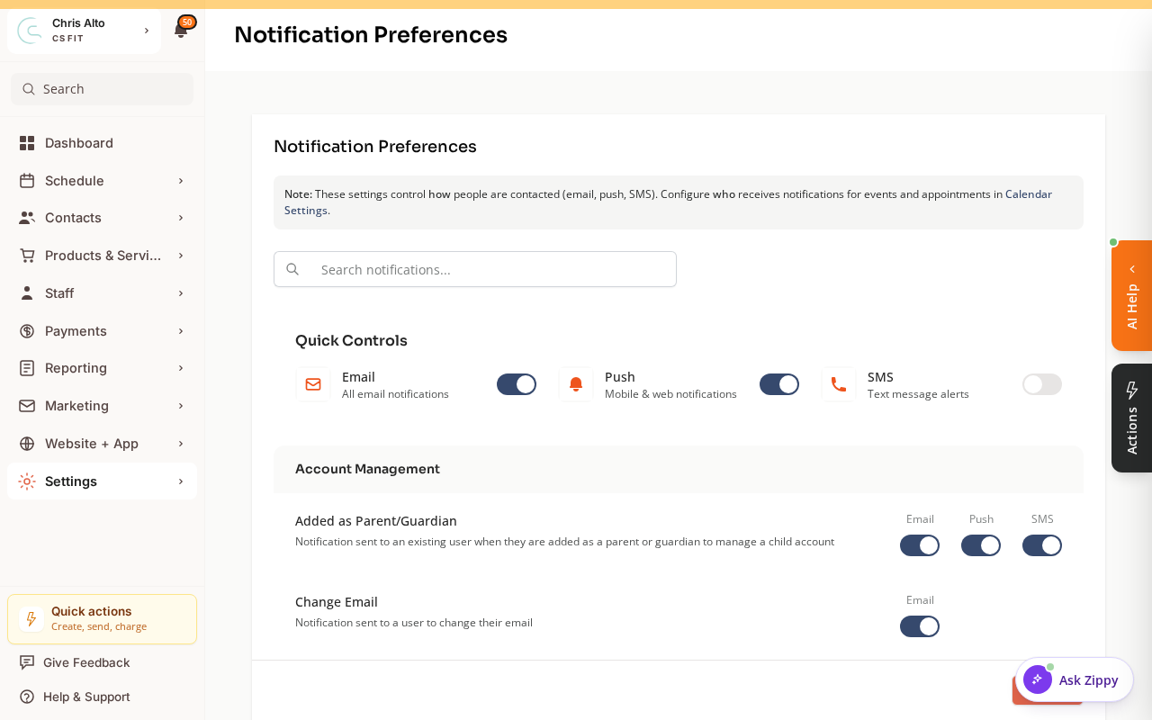 The Organization Notifications page with notification types and an SMS channel column