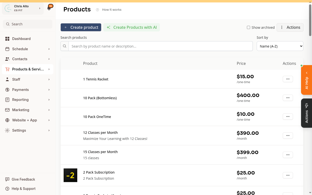 The Products & Services page showing a list of products