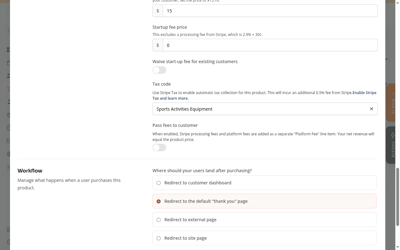 The Tax code field in the product form, showing the current code and a note about Stripe Tax
