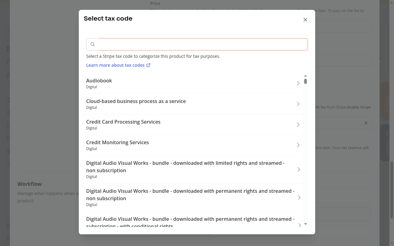 The Select tax code modal with a search field and list of tax categories