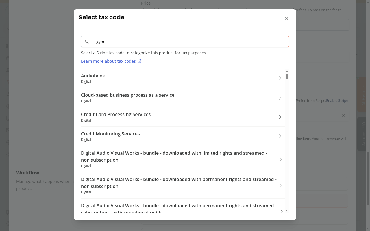 The tax code modal with "gym" typed in the search field