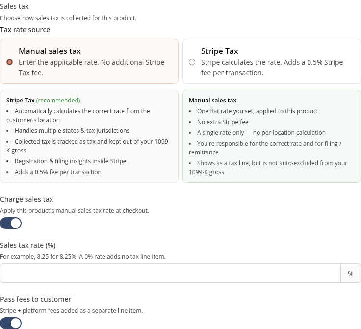 A product's tax settings with Manual sales tax and Charge sales tax selected