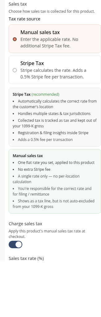 Manual product tax fields on a phone